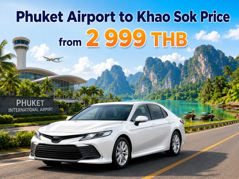 Fixed taxi prices for the Phuket airport to Khao Sok transfer, shown by vehicle type