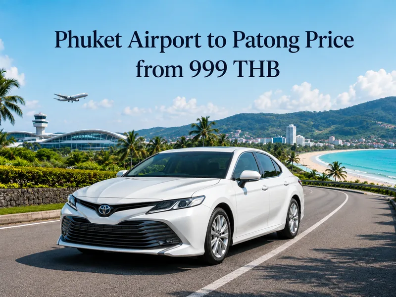 Fixed taxi prices for the Phuket airport to Patong transfer, shown by vehicle type
