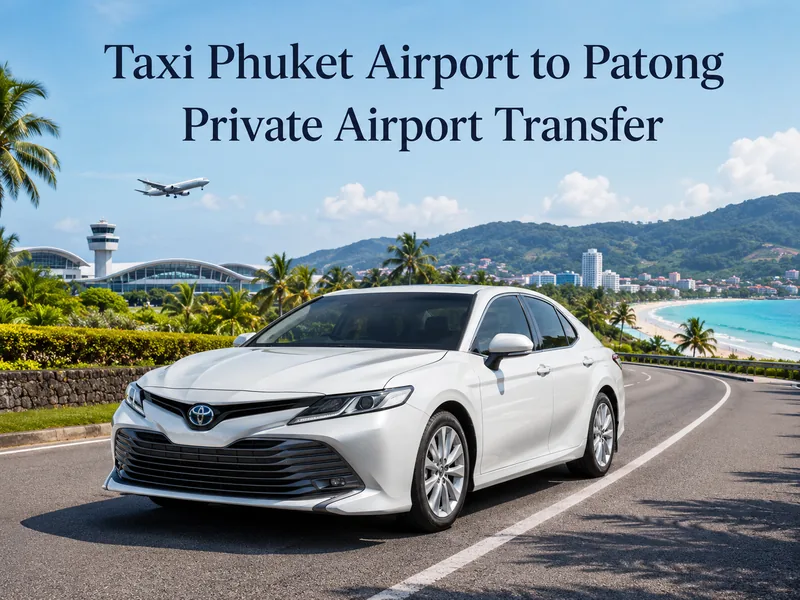 White sedan on a coast road with the Phuket airport terminal and tower behind it and a sea bay in the background